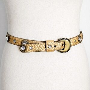 Vintage Gold Embossed Leather Crystal Studded Brass Buckle 80s Glam Belt M/L